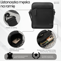 Saszetka męska skórzana na ramię z tłoczeniem typu carbon czarna Paolo Peruzzi AL-19-BL