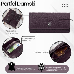 Poziomy portfel damski skórzany w kolorze burgundowym z metalowym logo duży Paolo Peruzzi  AL-12-BGD