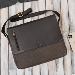 Torba męska na ramię na laptopa ze skóry naturalnej i canvasu brązowa Paolo Peruzzi AY-02-BR