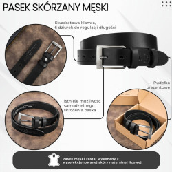 Pasek męski skórzany premium z klasyczną klamrą elegancki czarny 100 cm Paolo Peruzzi PG-09-BL-100
