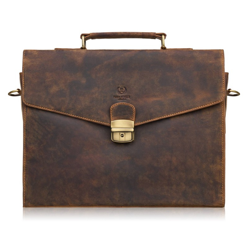 Męska skórzana aktówka brązowa na dokumenty teczka na ramie z kluczykiem vintage Paolo Peruzzi T-146-HBR
