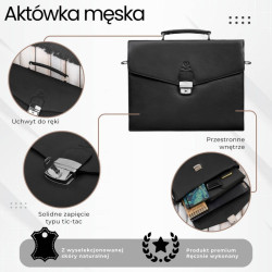 Męska aktówka ze skóry naturalnej czarna na dokumenty teczka na ramie z kluczykiem Paolo Peruzzi T-146-BL