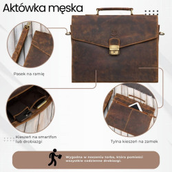 Męska skórzana aktówka brązowa na dokumenty teczka na ramie z kluczykiem vintage Paolo Peruzzi T-146-HBR