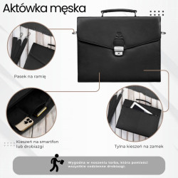 Męska aktówka ze skóry naturalnej czarna na dokumenty teczka na ramie z kluczykiem Paolo Peruzzi T-146-BL