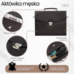 Męska aktówka ze skóry naturalnej brązowa na dokumenty teczka na ramie z kluczykiem Paolo Peruzzi T-146-BR