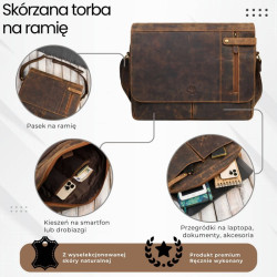 Męska brązowa skórzana torba na ramie na laptopa vintage Paolo Peruzzi T-148-HBR