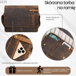 Męska brązowa skórzana torba na ramie na laptopa vintage Paolo Peruzzi T-148-HBR