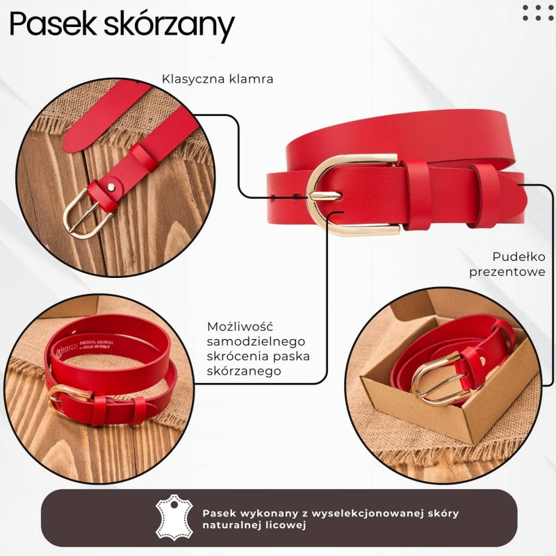 Pasek damski skórzany czerwony 120 cm ze złotą klamrą Paolo Peruzzi PG-01-RD-120