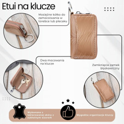 Skórzane etui na klucze beżowe lakierowane z motywem roślinnym SP-22-RBG