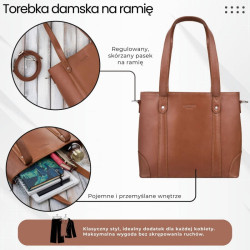 Torebka damska skórzana na ramię i do ręki shopper bag koniakowa pojemna Paolo Peruzzi T-41-CG