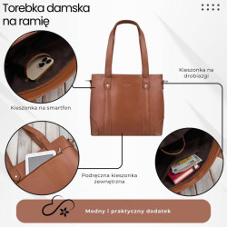 Torebka damska skórzana na ramię i do ręki shopper bag koniakowa pojemna Paolo Peruzzi T-41-CG