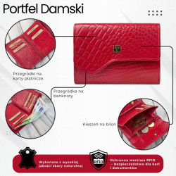 Portfel damski skórzany mały czerwony croco w orientacji poziomej z RFID Paolo Peruzzi T-135-RD