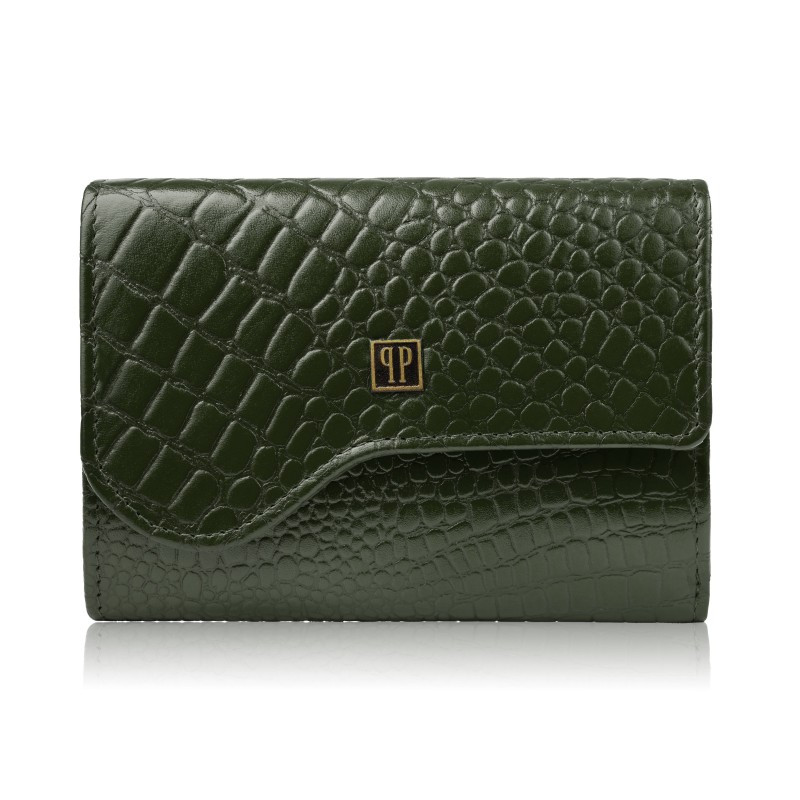 Portfel damski skórzany mały ciemnozielony croco w orientacji poziomej z RFID Paolo Peruzzi T-135-GR