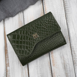Portfel damski skórzany mały ciemnozielony croco w orientacji poziomej z RFID Paolo Peruzzi T-135-GR