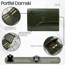 Portfel damski skórzany mały ciemnozielony croco w orientacji poziomej z RFID Paolo Peruzzi T-135-GR