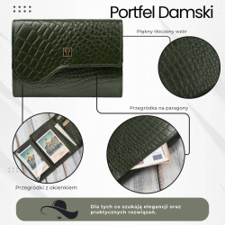 Portfel damski skórzany mały ciemnozielony croco w orientacji poziomej z RFID Paolo Peruzzi T-135-GR