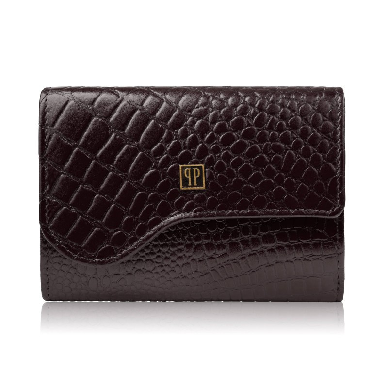 Portfel damski skórzany mały brązowy croco w orientacji poziomej z ochroną RFID Paolo Peruzzi T-135-BR