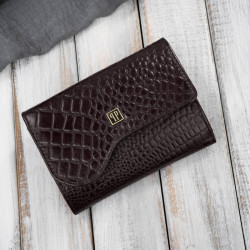 Portfel damski skórzany mały brązowy croco w orientacji poziomej z ochroną RFID Paolo Peruzzi T-135-BR