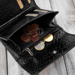 Portfel damski skórzany mały czarny croco w orientacji poziomej z ochroną RFID Paolo Peruzzi T-135-BL