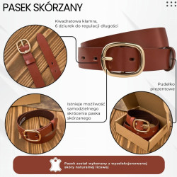 Pasek damski skórzany 90 cm do spodni brązowy licowy ze złotą klamrą PG-15-TCZ-90