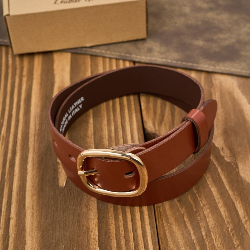 Pasek damski skórzany 100 cm do spodni brązowy licowy ze złotą klamrą PG-15-TCZ-100