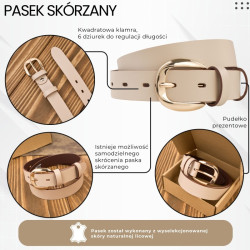 Pasek damski skórzany do spodni 100 cm wąski beżowy licowy złota klamra PG-14-BZ-100