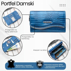 Portfel damski skórzany lakierowany z tłoczeniem croco niebieski SP-24-CDB