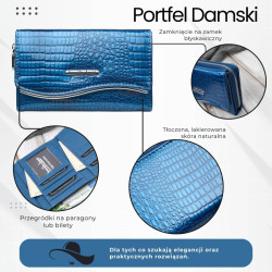 Portfel damski skórzany lakierowany z tłoczeniem croco niebieski SP-24-CDB