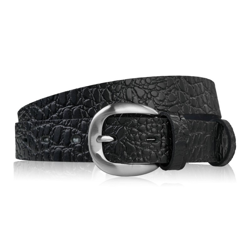 Pasek damski skórzany 110 cm do spodni wąski czarny croco srebrna klamra Paolo Peruzzi PG-12-CSBL-110