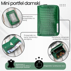 Portfel damski skórzany mini zielony skóra naturalna lakierowana croco SP-18-CGRN