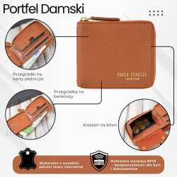 Portfel damski skórzany mały koniakowy w orientacji poziomej z RFID Paolo Peruzzi KV-04-CG