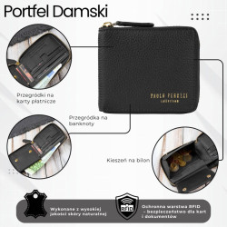 Portfel damski skórzany mały czarny w orientacji poziomej z RFID Paolo Peruzzi KV-04-BL