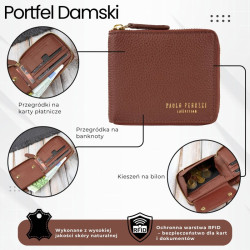 Portfel damski skórzany mały brązowy w orientacji poziomej z RFID Paolo Peruzzi KV-04-BR