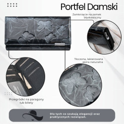 Portfel damski skórzany lakierowany ze wzorem w motyle czarny SP-19-BL
