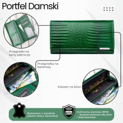 Portfel damski skórzany lakierowany zielony z tłoczeniem croco SP-16-CGRN