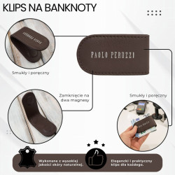 Klips na banknoty skórzany magnetyczny spinka elegancka brązowa Paolo Peruzzi KV-07-BR