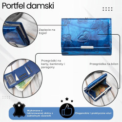 Portfel damski skórzany mały lakierowany z tłoczeniem w motyle niebieski SP-23-DB