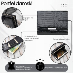 Portfel damski skórzany mały czarny lakierowany croco z ochroną RFID SP-23-CBL