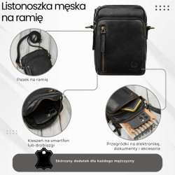 Saszetka męska skórzana na ramię czarna mała funkcjonalna Paolo Peruzzi IM-02-BL
