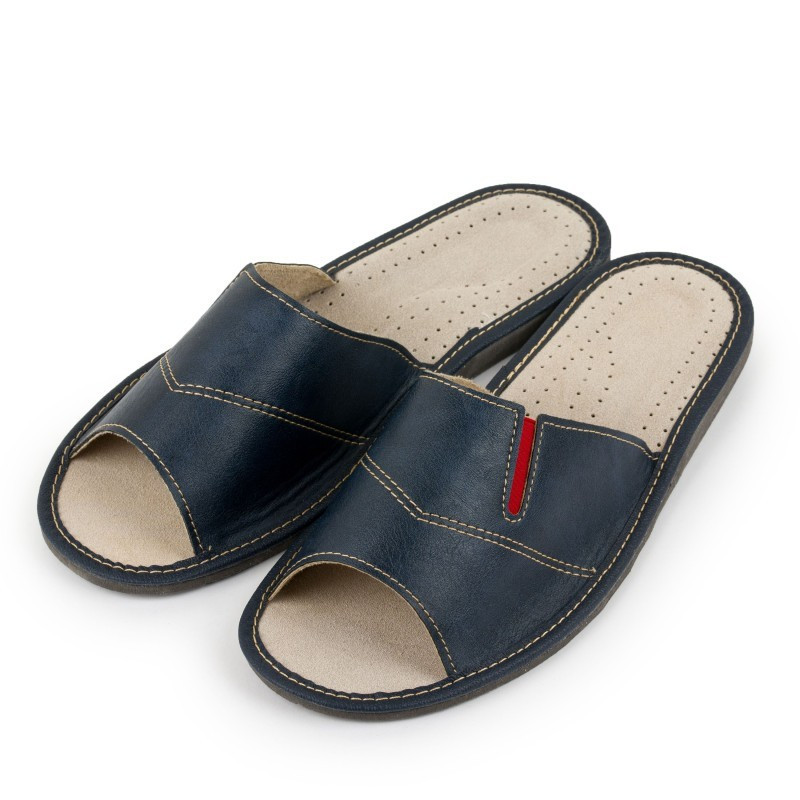 Kapcie męskie R.45 domowe skóra eko przewiewne klasyczne granatowe KM-11-NB-45