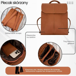 Plecaczek damski skórzany koniakowy mały plecak miejski Abruzzo ABR-42-CG