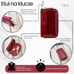 Skórzane etui na klucze czerwone lakierowane z motywem roślinnym SP-22-RRD