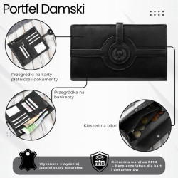 Portfel damski skórzany czarny duży w orientacji poziomej z RFID Paolo Peruzzi T-134-BL