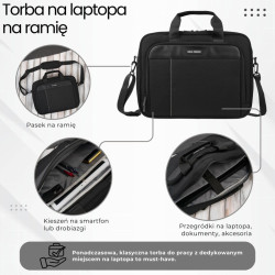 Torba na laptopa czarna unisex materiałowa lekka do ręki na ramię AS-02-BL