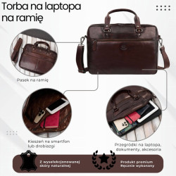 Torba męska na ramię do ręki skórzana na laptopa dokumenty A4 brązowa pojemna Paolo Peruzzi SL-08-BR