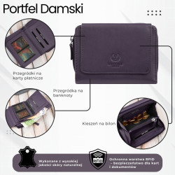 Portfel damski skórzany fioletowy duży w orientacji poziomej z RFID Paolo Peruzzi SL-07-VI