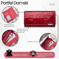 Portfel damski skórzany duży czerwony lakierowany ze wzorem w motyle SP-19-RD