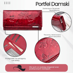 Portfel damski skórzany duży czerwony lakierowany ze wzorem w motyle SP-19-RD