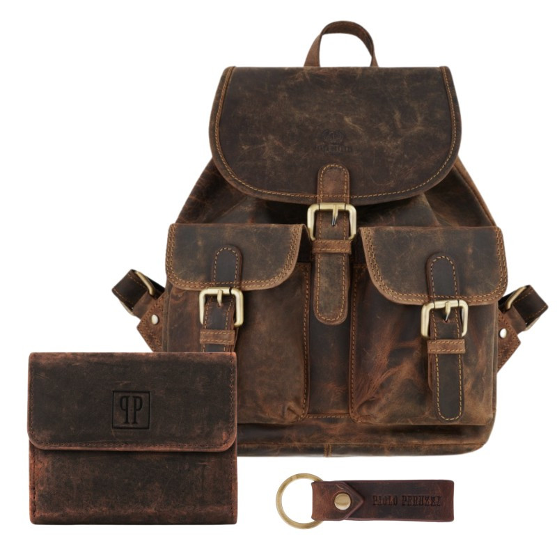 Zestaw prezentowy dla niej ZUP-100-BR plecak skórzany T-16-BR portfel damski skórzany T-11-BR brelok do kluczy T-87-HBR