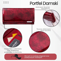 Portfel damski skórzany lakierowany czerwony ze wzorem w motyle SP-16-RDM